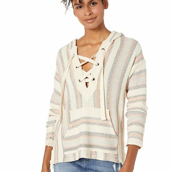 Rip Curl My Tide Poncho Off White/Pink Stripe Knit Lace Up Hoodie Sweater - Picture 1 of 7